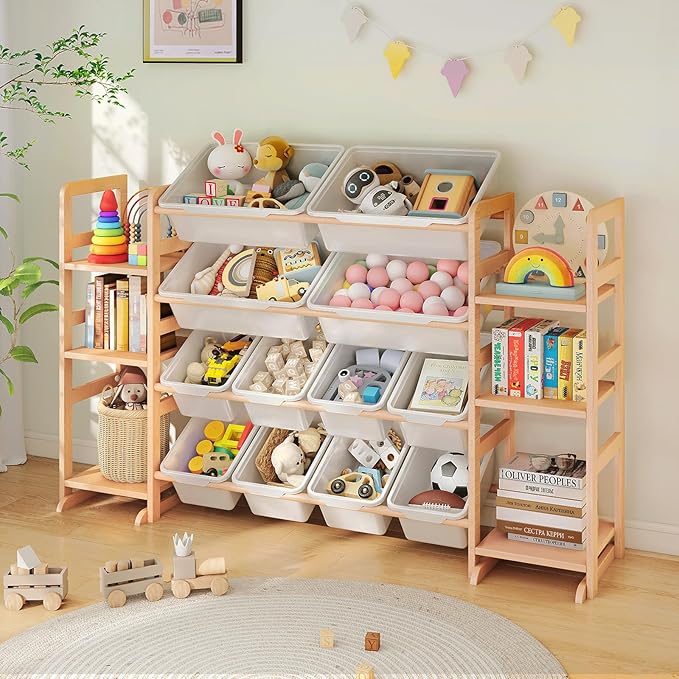Wooden Toy Storage Organizer with 6 Shelves and 12 Bins, Toy Organizer Storage Kids Bookshelf, Toy Shelf for Playroom, Nursery, and Bedroom