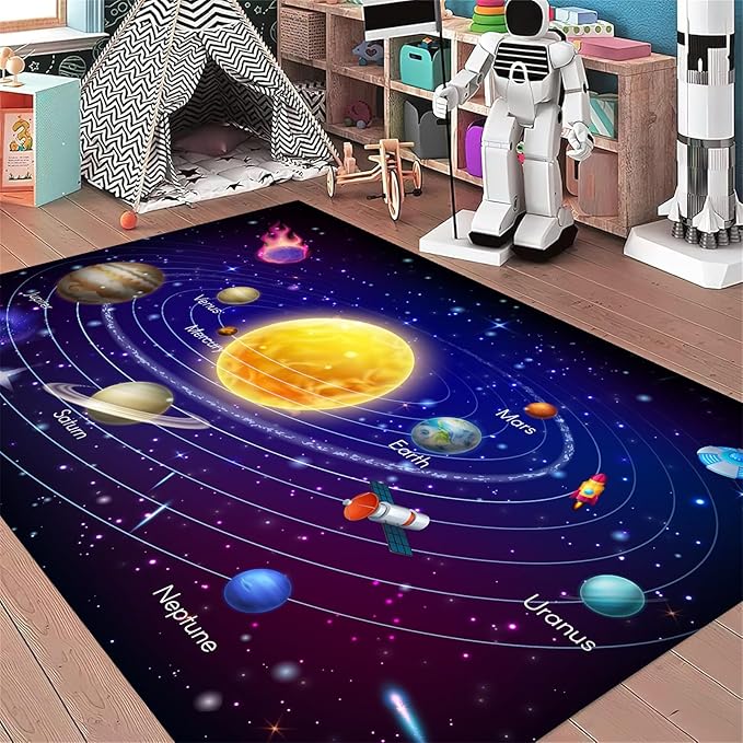 Solar System Planet Area Rug,3x4ft,Boys and Girls Room Large Play Mat, Suitable for Children's Room Bedroom, Classroom, Daycare Center, Kindergarten, Non-Slip Washable Carpet