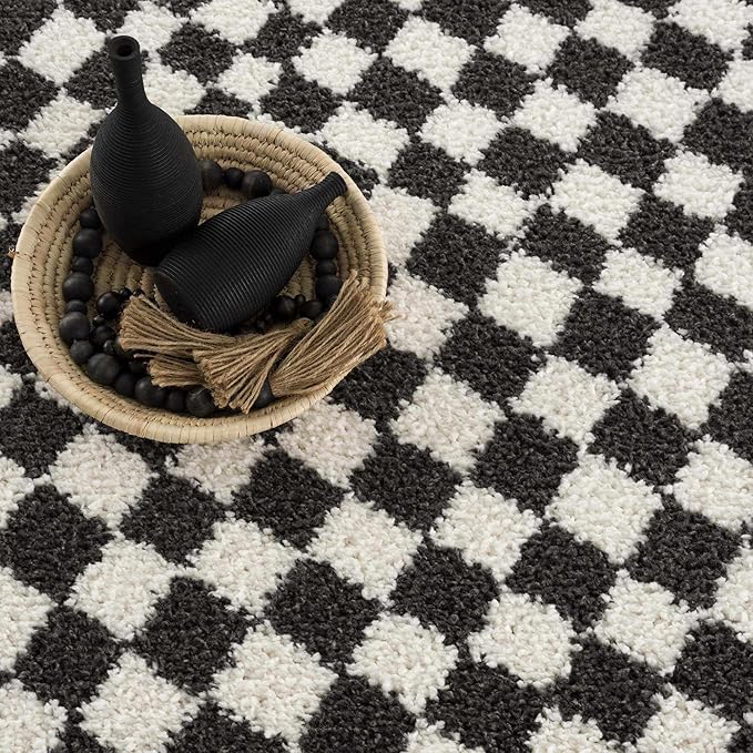 Hauteloom Kieu Contemporary Checkered Fluffy Shag Area Rug - Modern Geometric Soft Carpet Tiles for Living Room, Kids Room, Nursery - Black, White - 5'3" x 7'
