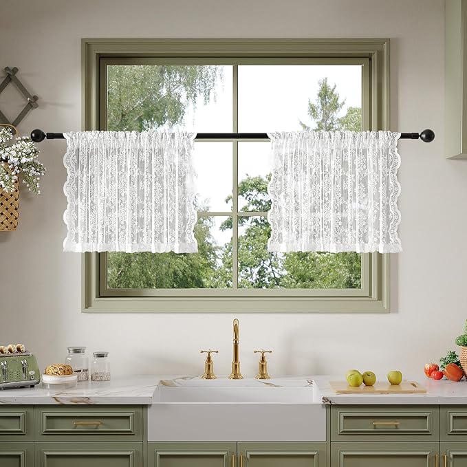 Anmao Vintage Lace Kitchen Curtains 18 Inches Long 2 Panels, Romantic Semi Sheer Floral Over Sink Lacy Cafe Curtain, Elegant Window Short Small Drapes, 55W x 18L, Pure White