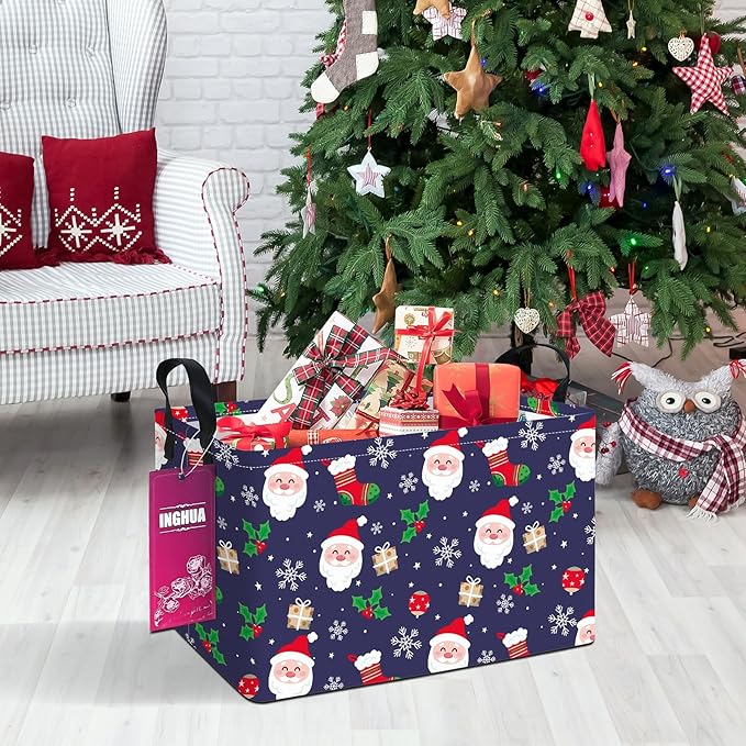 Rectangular Christmas Storage Basket Fabric Organizer Bin for Toys,Books,Clothes,Gifts,Pets-Perfect for Home,Office,Nursery,Dorm,Shelf(Rec-Christmas gift basket)