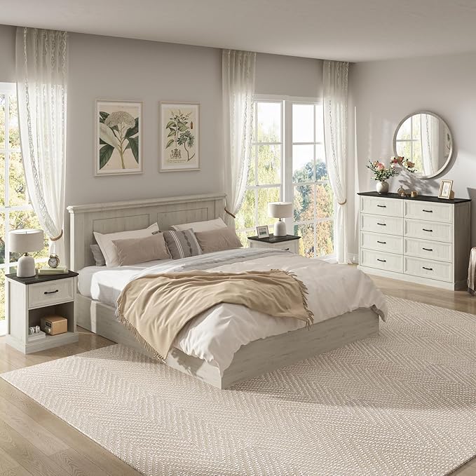 CARPETNAL Farmhouse Dresser and Nightstand Sets for Bedroom, 3 Pcs Bedroom Set, 8 Drawer Dresser & Nightstand Set of 2, Modern Wood Chest of Drawers for Bedroom, Living Room, Entryway, White