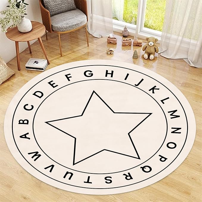 Abc Round Children's Rug,3.3ft,Children's Educational Learning Area Rug, Cartoon Star Print Soft and Fluffy Rug, Suitable for Nursery, Classroom, Playroom Boys and Girls Bedroom Game Decoration