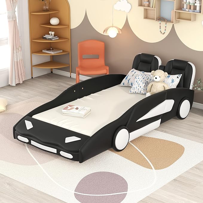 Harper & Bright Designs Twin Size Race Car-Shaped Platform Bed with Wheels, Black