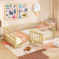 Giantex Twin Floor Bed with High Fence & Door, Montessori Floor Bed with 21.5" Safety Guardrails, Solid Wood Twin Beds Frame for Kids Girls, Boys, Without Slats, Natural