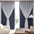 Kinryb Kids Blackout Curtains for Bedroom/Living Room/Classroom, Sheer Overlay 2 Free Tiebacks, Double Layer Curtains with Star Cutout for Kids Room(Each Piece W70xL72 Inches 2 Pcs Stone Blue)