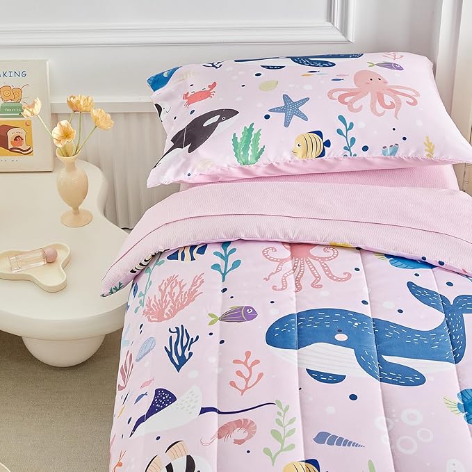 Joyreap 4 Piece Toddler Bedding Set for Girls- Ocean Theme Pink Design, Microfiber Toddler Bedding Comforter Set for All Seasons