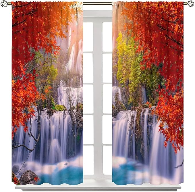 Forest Waterfall Blackout Windows Curtains, Autumn Red Green Maple Leaves Jungle Rainforest Natural Scenery Landscape Curtains, for Living Room Bedroom 84x84in 2 Panels