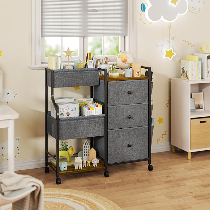 Baby Diaper Caddy, 3 Tier Baby Organizer and Storage Cart with Dividers and Drawers, Mobile Utility Rolling Cart, Baby Newborn Essentials Storage Cart with Wheels for Nursery, Bedroom, Grey