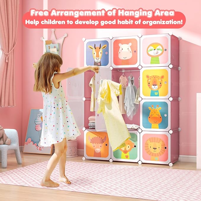 Costzon Kids Closet, Cartoon DIY Modular Dresser Storage Organizer with 12 Cubes & 2 Clothes Hanging Rack, Portable Armoire for Baby Toddlers, Kids Wardrobe for Bedroom Nursery (Pink)
