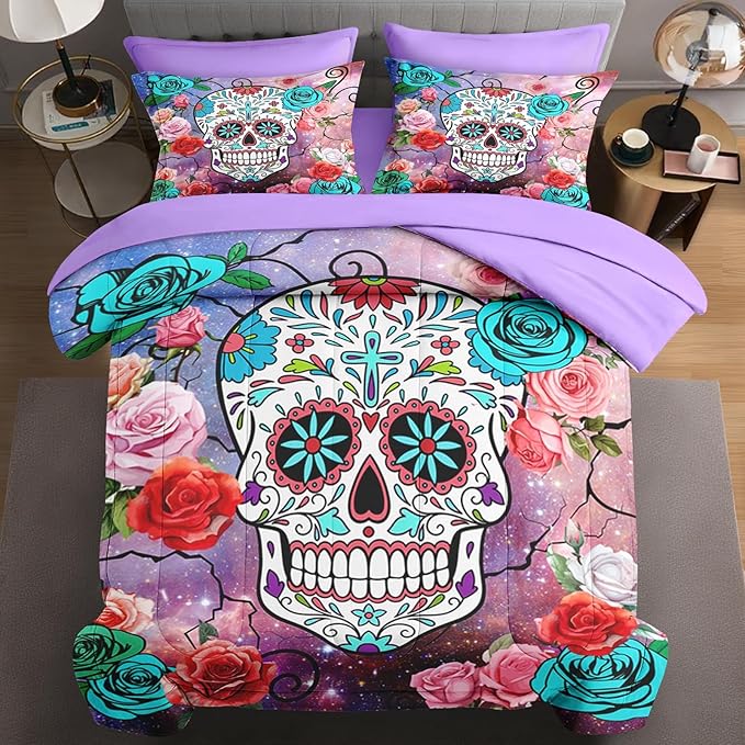 7 Pcs King Size Comforter Set with 2 Pillowcases & 2 Shams, Sugar Galaxy Bedding for Kids and Adults, Vintage Skeleton Flower Bed in a Bag with Flat Fitted Sheet