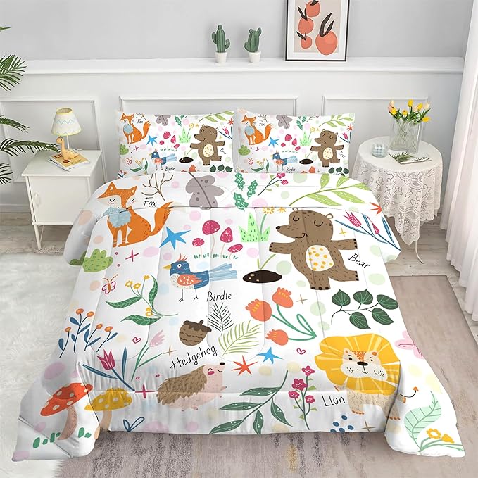 Comforter Set Cartoon Animals: King Size Cute Bedding Sets for Women Adult Teens Girls Kawaii Bedroom Fox Bear Lion Flowers Soft Quilt Bed Set 1 Comforter & 2 Pillowcases