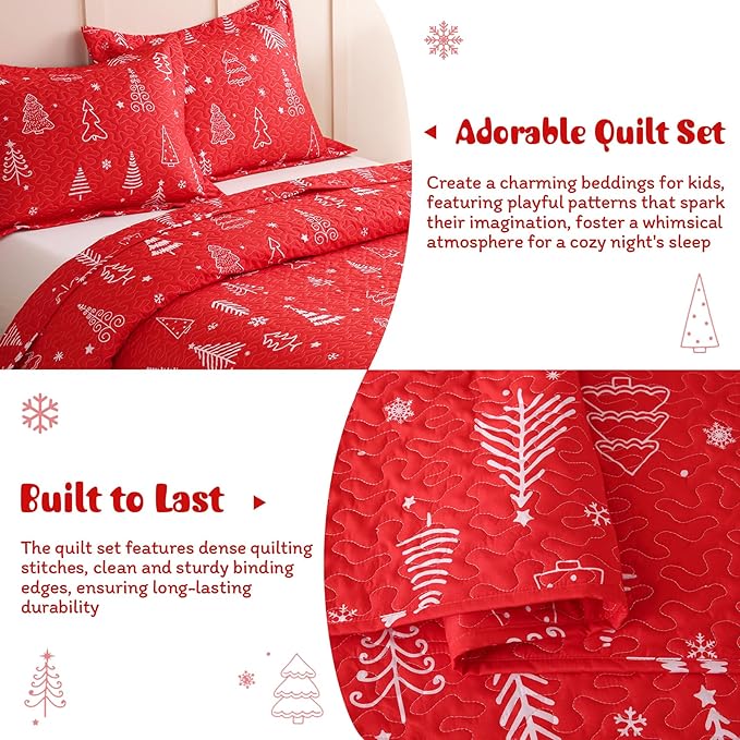 JSD 2 Pcs Kids Christmas Quilt Set Twin Size, Red Christmas Tree Bedding, Soft Microfiber Bedspread Coverlet Holiday Quilted Blanket