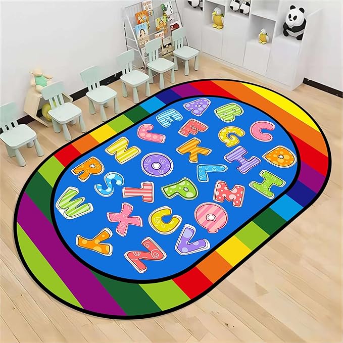Colorful Cartoon Kid Area Rug, 3x5ft, ABC Alphabet Educational Learning Oval Rug, Rainbow Stripe Border Rug, Non-Slip Indoor Playmat, Children's Gift for Playroom, Bedroom and Nursery