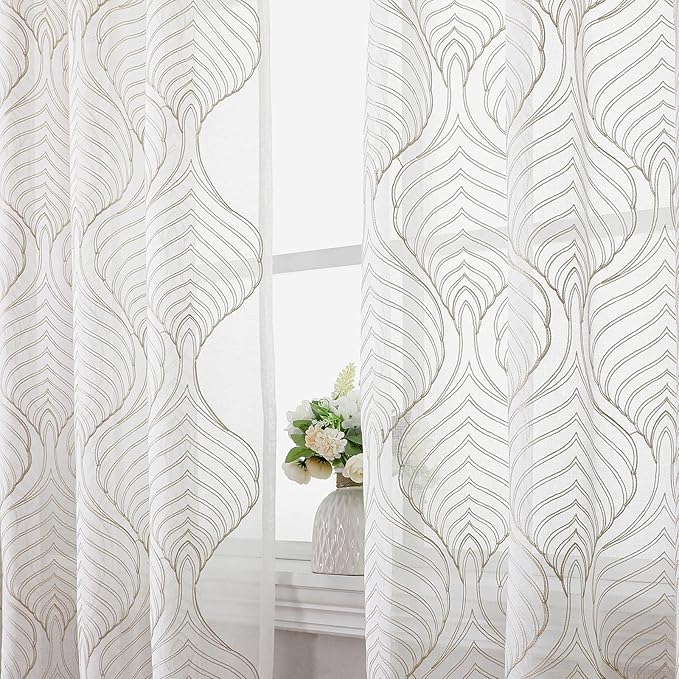 VISIONTEX Sheer Curtains 108 Inches Long 2 Panels Set, Taupe Moroccan Embroidery Texture Geometric Rod Pocket Ivory Voile Tulle Semi Window Treatment Pair for Bedroom, W54 x L108