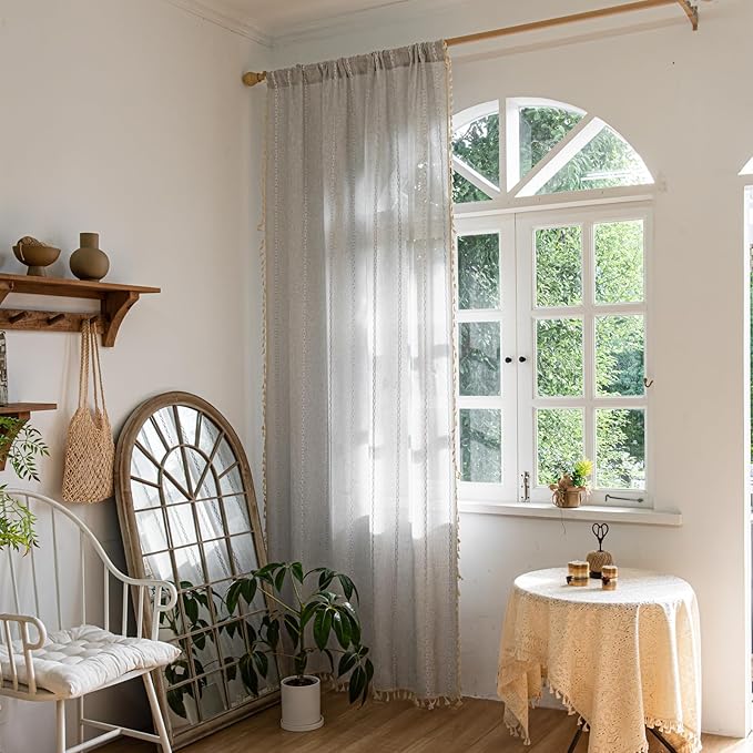 Deeprove Sheer Boho Curtains 63 inches Length for Cafe Closet Kitchen, Vintage Bohemian Embroidery Farmhouse Light Filter Privacy Country Tassel Window Treatments, W52 x L63,Silver Grey, 1 Panel