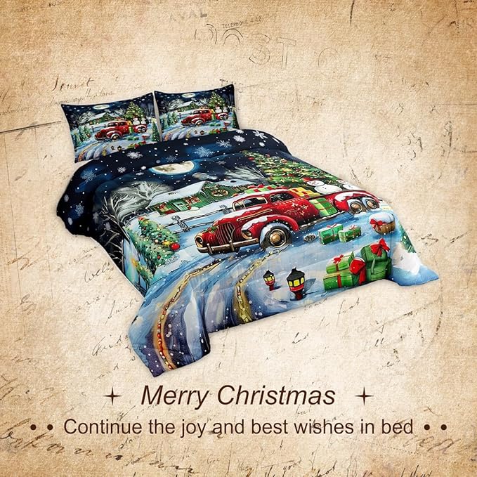 Rustic Farmhouse Xmas Comforter Set Queen Size,Retro Red Truck Snowman Bedding Set for Kids Boys Girls Room Decor,Snowflake Cabin Christmas Tree Duvet Insert 3Pcs,Xmas Theme Quilt Set,2 Pillowcases