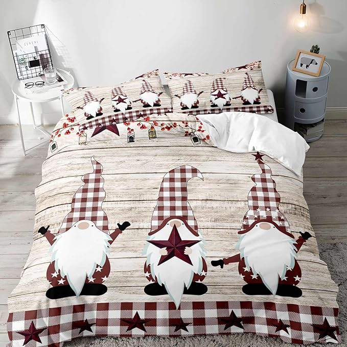 LUVIVIHOME 2PCS Christmas Gnome Duvet Cover Twin Bedding Sets, Primitive Country Rustic Farmhouse Bedding, Holly Berry Star Red Buffalo Plaid Checkered Comforter Bedspread Quilt Cover, 1 Pillow Sham