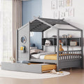 Full Size Bed Frames for Kids, House Bed with Trundle and Shelves, Wood Playhouse Platform Bed Frame with Window and Fence for Boys Girls, Gray, 74.4" L x 58" W x 72" H