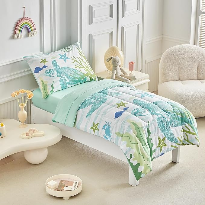 4 Pieces Sea Turtle Toddler Bedding Set for Boys Girls Teal Blue White Toddler Bed Set with Seaweed Starfish Soft Blue Cute Toddler Bed in a Bag with Sheet Set and Pillow Shams