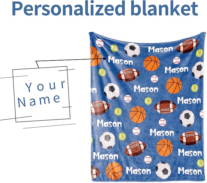 Custom Ball Blanket with Name for Boys, Personalized Name Blanket for Kids Ball, Soft Flannel Customized Gift for Birthday Christmas Baby Shower Children Day 40"x50"