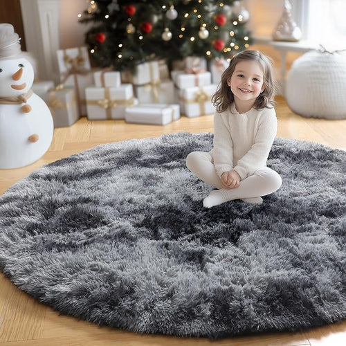 Amdrebio Tie-Dyed Dark Grey Round Area Rugs for Living Room, 7x7 Rug, Soft Thick Large Circle Rug for Bedroom, Big Shag Fluffy Plush Carpet for Mens Boys Kids Room, Modern Cool Furry Circular Rug