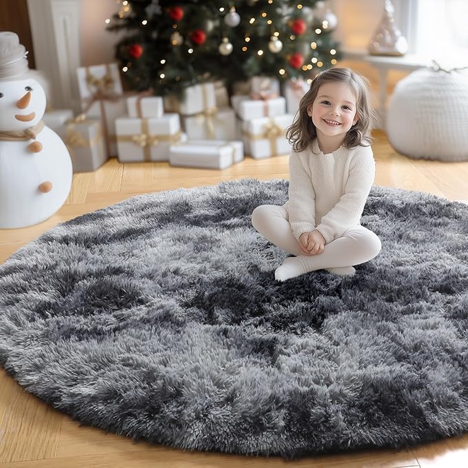 Amdrebio Tie-Dyed Dark Grey Round Area Rugs for Living Room, 6x6 Rug, Soft Thick Large Circle Rug for Bedroom, Big Shag Fluffy Fuzzy Carpet for Mens Boys Kids Room, Modern Cool Floor Circular Rug