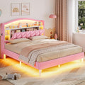 ADORNEVE Full Bed Frame with LED Lights, Princess Velvet Upholstered Platform Bed for Girls, Headboard with Charging Station & Guardrail & Crystal Button, No Box Spring Needed,Pink