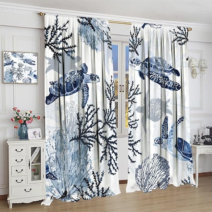 Coastal Nautical Curtains, Turtle Beach Sea Seashell Theme Pattern Blackout Print Home Bedroom Living Room Window Treatmen 2 Panel Set 55x63 Inch