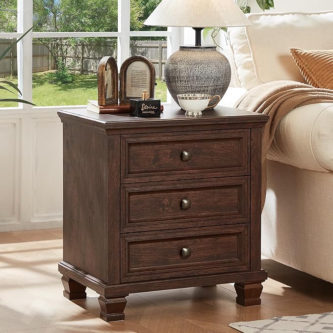 Farmhouse Bedroom Dresser and Nightstand Set of 4, 6 Drawer Tall & Low Dresser & 3 Drawer Nightstand Set with Wooden Legs, Rustic Wood Furniture Sets for Bedroom, Hallway, Walnut