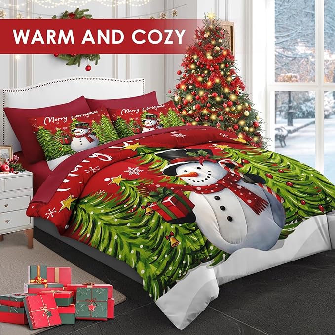 5 Pcs Twin Size Christmas Comforter Set with Pillowcase & Sham, Red Cartoon Snowman Bedding for Kids and Adults, Funny Xmas Pine Forest Bed in a Bag with Flat Fitted Sheet