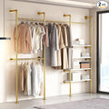 Industrial Pipe Clothes Rack, Gold Clothing Rack with Shelves, Wall Mounted Clothes Rack Heavy Duty Closet Organizers Wardrobe Multi-Purpose Storage Clothes Hanging Shelf - 94.5''L Gold