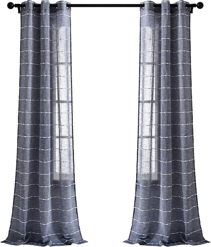 Lush Decor Farmhouse Textured Grommet Sheer Window Curtain Panel Pair, 38"W x 95"L, Navy