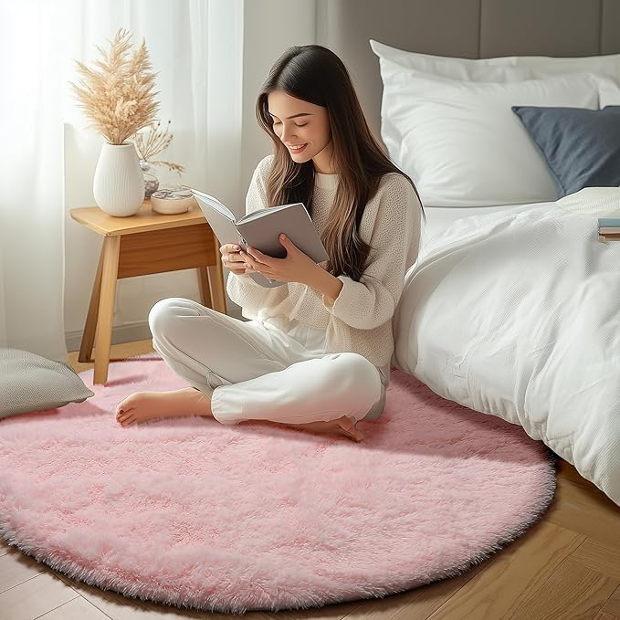 ONASAR Light Pink Round Area Rugs 5ft for Bedroom Living Room, Washable Fluffy Circle Rug for Kids Girls Boys Teen, Soft Plush Shaggy Carpet for Nursery Dorm Classroom Playroom Home Decor Aesthetic