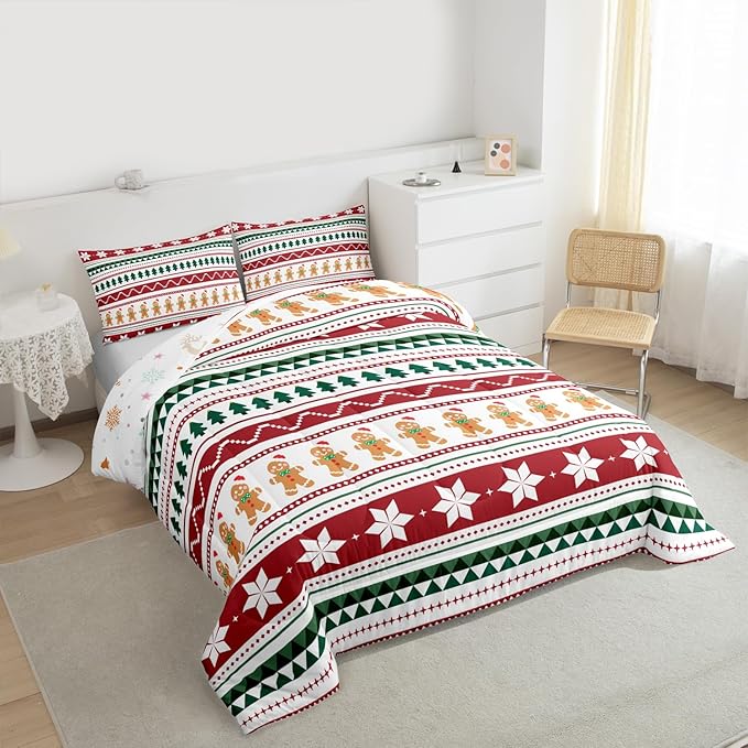 Feelyou Merry Christmas Bedding Set Soft for Boys Girls, Gingerbread Man Comforter Set Twin Size Duvet Quilt Microfiber Striped Bedroom Decor 2 Pcs with 1 Pillow Cases