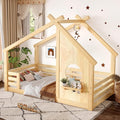 Polibi Twin Size House Floor Bed with Window and a Small Shelf, Solid Wood Low Profile Floor Bed for Kids, No Box Spring Needed, Natural