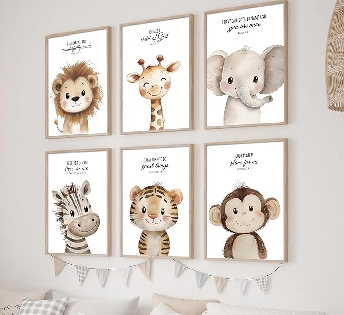 6Pcs Nursery Bible Verse Animal Wall Art Cute Woodland Animals Christian Picture Wall Decor Lions Elephant Giraffe Poster Print Artwork for Classroom BabyBedroom Boys Girls Home Decoration Unframed