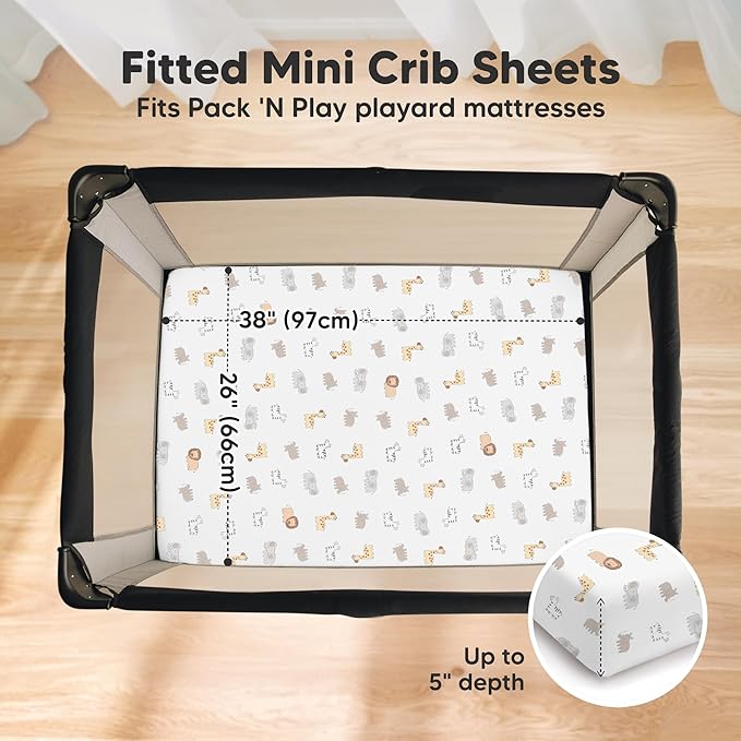 2-Pack Pack and Play Sheets, Waterproof Mini Crib Sheets Fitted - Organic Cotton Pack N Play Sheets for Graco Pack and Play Mattress, Playard Baby Crib Sheets, Neutral for Boy,Girl,Toddler(KeaSafari)