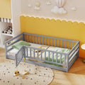 KOMFOTT Twin Size Wood Floor Bed with Door & 21.5” Fence, Montessori Bed Frame with Full Length Safety Guardrails, Door & Latch, Wooden Montessori Floor Bed for Kids, Girls, Boys