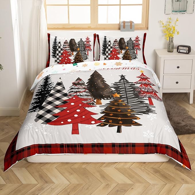 Merry Christmas Duvet Cover Set Twin Size,Xmas Tree Winter Snowflake Cabin Rustic Bedding Set,Boys Girls Room Decor,Geometric Grids Patch Comforter Cover,Grey Quilt Cover,1 Pillowcase,No Comforter