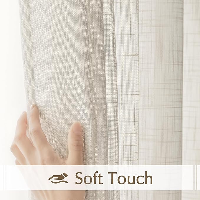 FMFUNCTEX Linen Semi Sheer Curtains for Bedroom, Natural Curtains 54 Inch Length for Living Room, Country Farmhouse Sheer Short Drapes, Light Filtering Window Curtain, Grommet Top 2 Panels