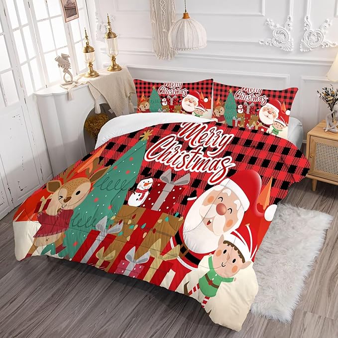 Christmas Comforter Set King Size Plaid Bedding Sets for Kids Boys Girls Bedroom Xmas Gift Christmas Festival Winter Quilt Set,1 Comforter + 2 Pillow Cases