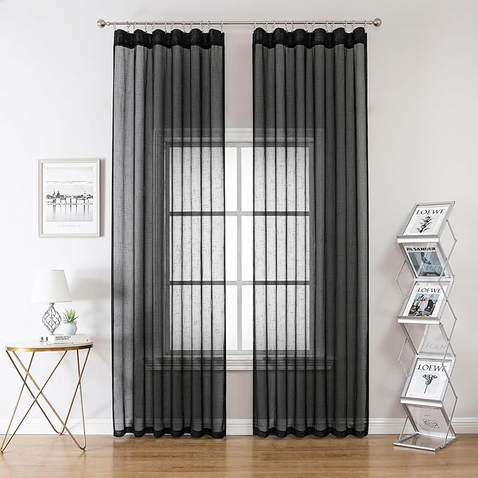 Black Linen Look Sheer Curtains 84 Inches Long 2 Panels, Rustic Textured Light Filtering Drapes, Dark Moody Window Decor, Pinch Pleat Curtain with Hooks