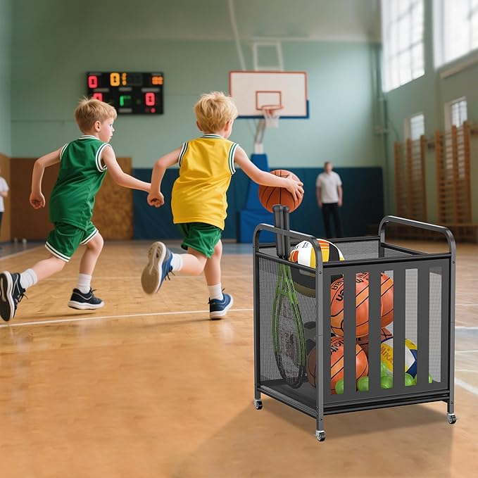 niffgaff Large Rolling Ball Storage Cart – Metal Ball Bin with Lockable Wheels and Elastic Straps, Holds Basketballs, Soccer Balls, Toys and Sports Equipment, Indoor & Outdoor Organizer – Black