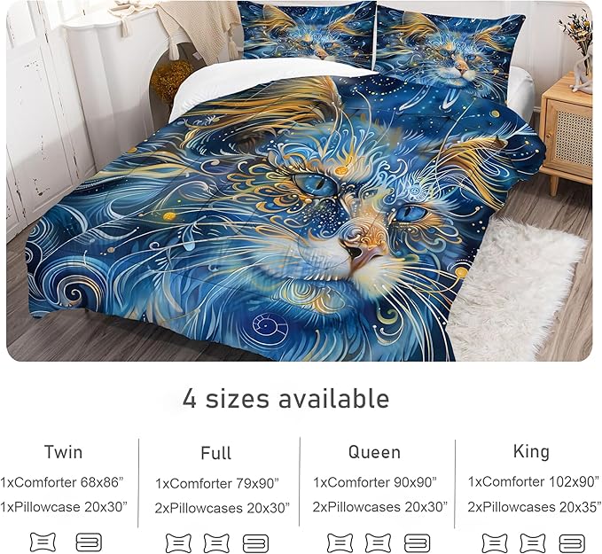 Cat Comforter Set King: Blue Cat Print Bedding Sets Mystic Ethnic Kitten Quilts for Women Men Adults Mandala Boho Exotic Feline Bed Set 1 Comforter & 2 Pillowcases
