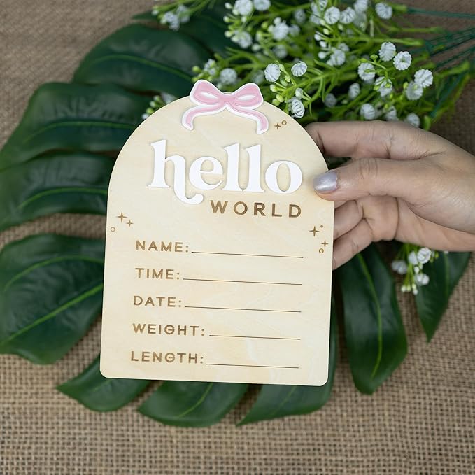Baby Announcement Sign with Stand & Marker – Hello World Wooden Name Plaque for Newborn Photoshoot, Baby Shower, Rustic Keepsake Birth Stat Sign for Hospital Birth Announcement (Acrylic Ribbon)