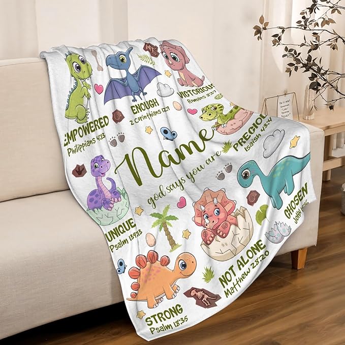 Personalized Dinosaur Blanket,Custom Dinosaur Gifts for Kids Boys,God Says I Am Themed Blanket,Meaningful Thoughtful Religious Baptism Christian Gifts,Bible Verse Quilt with Name,50"x60" for Teens