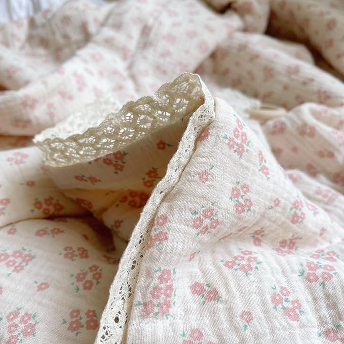 BuLuTu Toddler Quilted Blankets Muslin Cotton Kids Blanket Reversible Pink Floral Toddler Blanket for Stroller Travel Soft Lightweight Baby Quilt, Galsang Pattern, 60"x78"