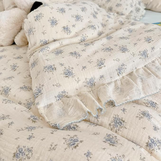 BuLuTu Vintage Blue Floral Duvet Cover Queen Size, Cotton Muslin Quilt Cover with Ruffles, Farmhouse Bedding Comforter Cover 90"x90", Zipper & Corner Ties, Freesia Print, No Pillow