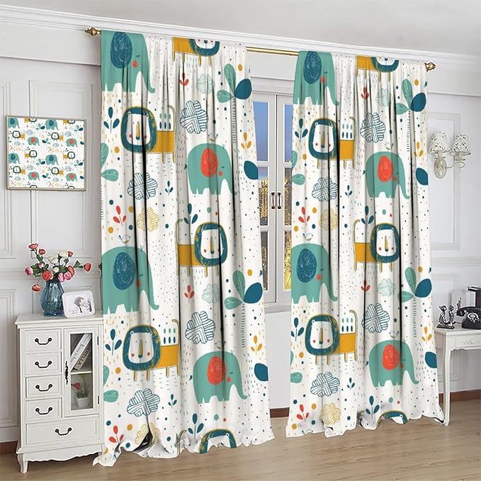 Cute Lions Blackout Curtains for Kids Bedroom,Cartoon Tropical Plants Birds Elephants Print Pattern Window Drapes,Funny Animal Thermal Insulation Curtain for Nursery Baby Room 72x63in